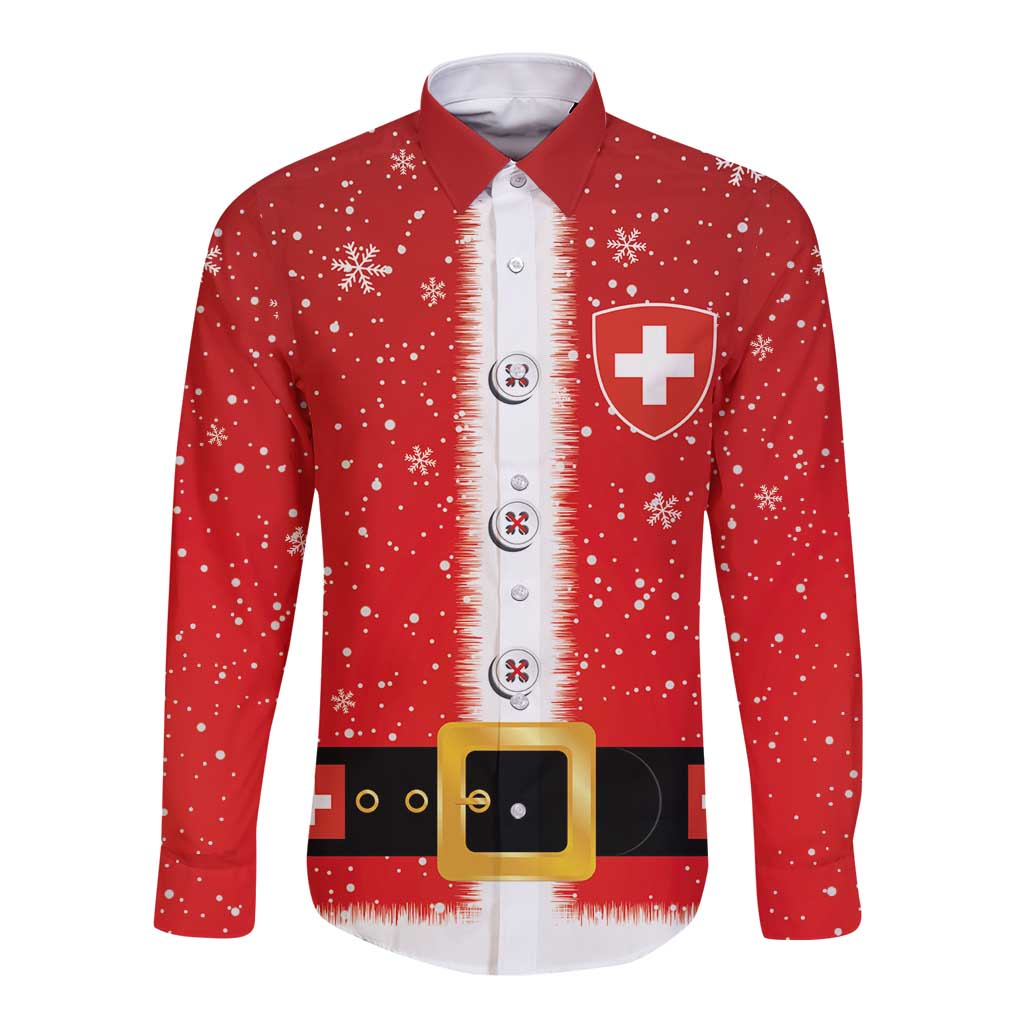 Red long-sleeve button shirt with Santa suit print, snowflakes, cross emblem and belt