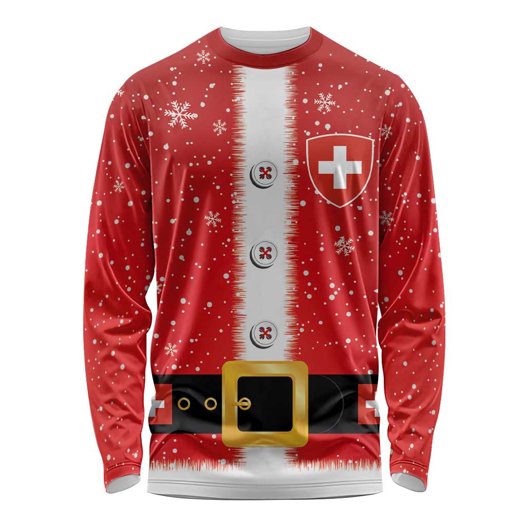 Red long-sleeve Christmas shirt with white stripe, Swiss cross, snowflakes, belt graphic