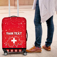 Red personalized luggage cover with Swiss map and cross design, black bottom, 4 wheels