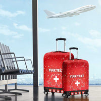 Set of red personalized luggage covers with Swiss map and cross, 'YOUR TEXT', wheels