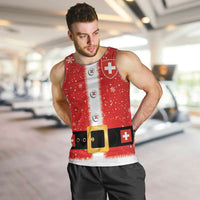 Men's red Swiss-themed tank top with white stripe, crosses, and festive belt graphic