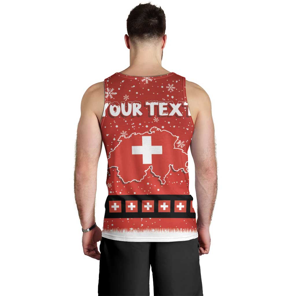 Men's red Swiss-themed tank top back view with Swiss map cross and bold white text