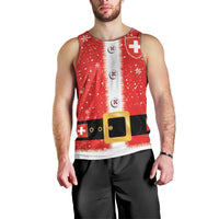 Men's red Swiss-themed tank top front view with white stripe, crosses, and gold buckle