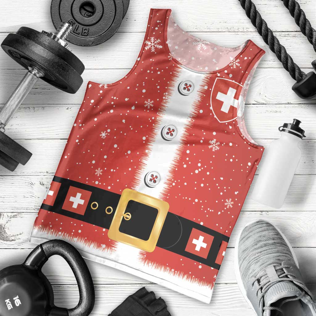 Red Swiss-themed men's tank top with white stripe, cross symbols, and gold belt buckle
