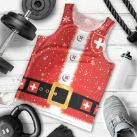Red Swiss-themed men's tank top with white stripe, cross symbols, and gold belt buckle