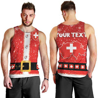 Men's red Swiss-themed tank top shown from front and back with cross and belt graphic