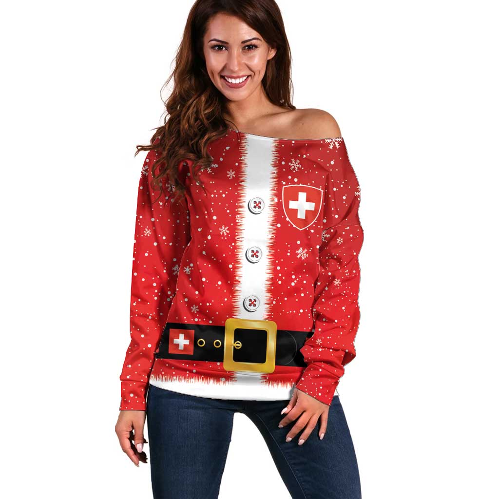 Women’s red off-shoulder Christmas sweater with Swiss cross and holiday graphic
