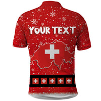 Red Christmas polo shirt back with 'Your Text', Swiss map and large cross emblem