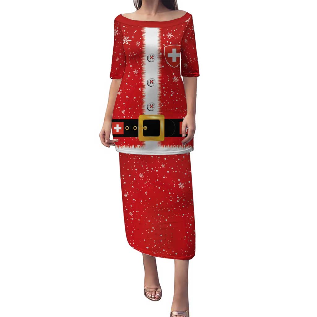 Red long Christmas dress with Swiss cross front and Santa suit graphic