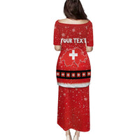 Red long Christmas dress with back print, Swiss map and 'YOUR TEXT'