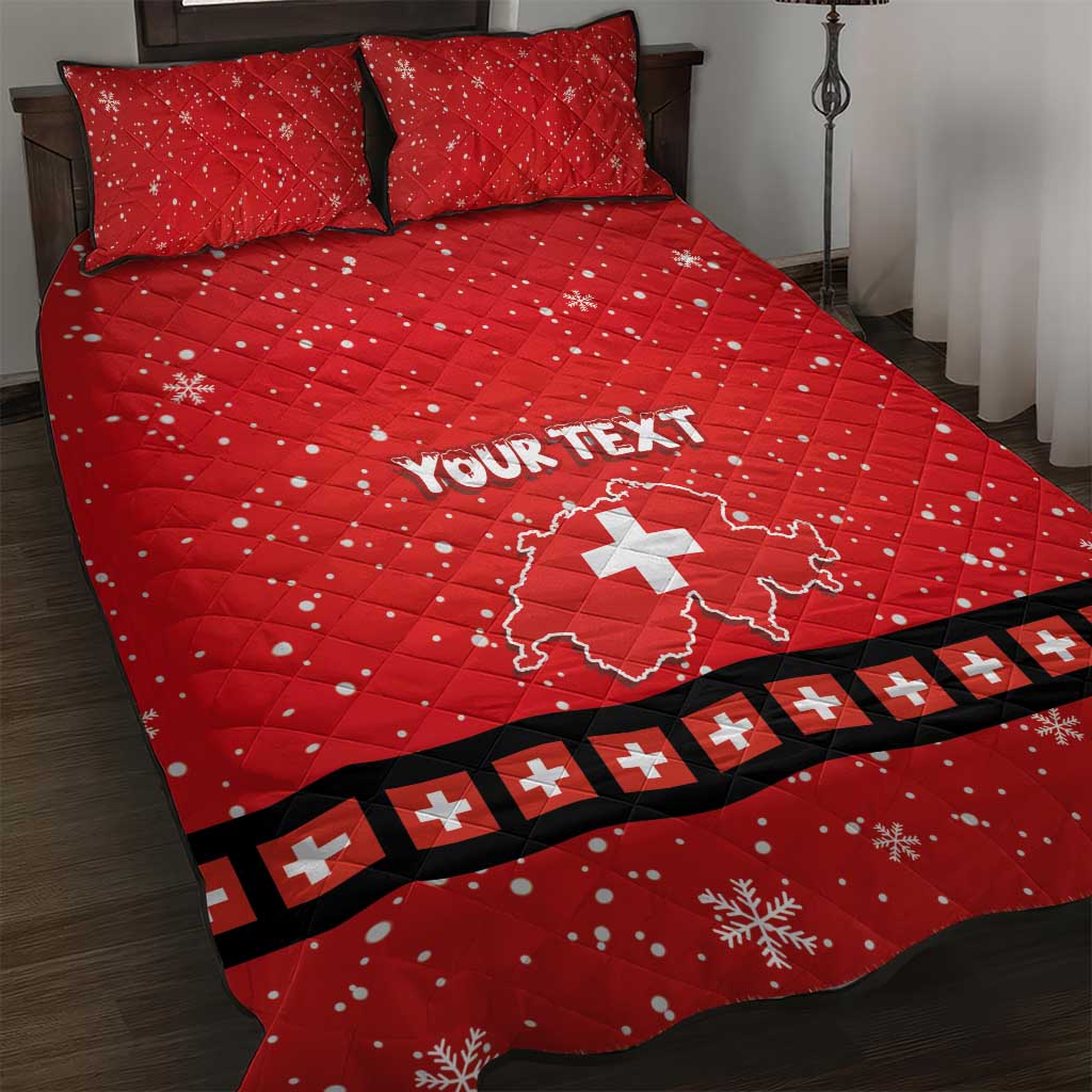 Red quilt bed set with two pillows, snowflake pattern, black trim, personalized Your Text