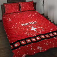 Red quilt bed set with two pillows, snowflake pattern, black trim, personalized Your Text