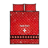 Red quilt bed set with two pillows, Your Text print and Swiss cross band, black edge