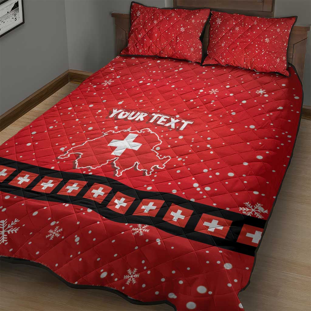 Red quilt bed set on bed, two pillows, Your Text map print, black-and-red border