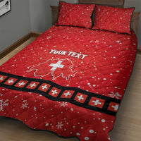 Red quilt bed set on bed, two pillows, Your Text map print, black-and-red border