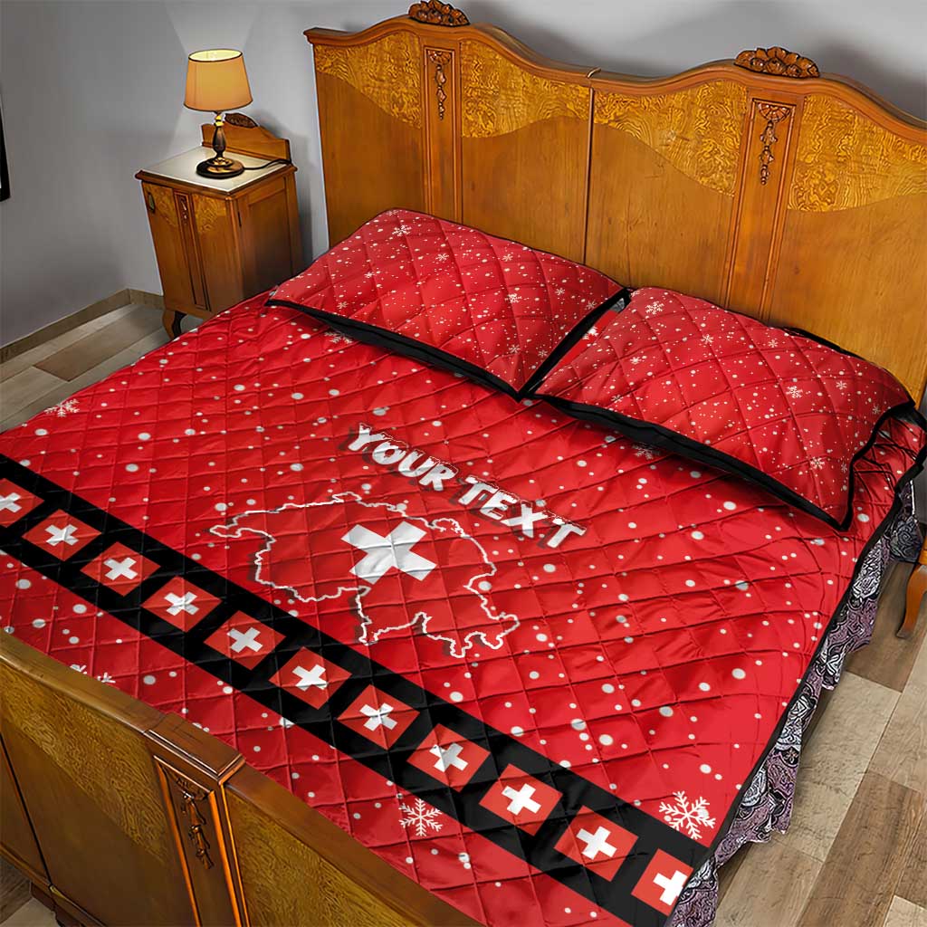 Red quilt bed set with two pillows, Your Text over map, Swiss cross stripe on black border