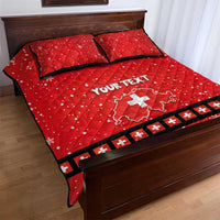 Red quilt bed set with two pillows, Your Text center, snowflake dots and Swiss cross band