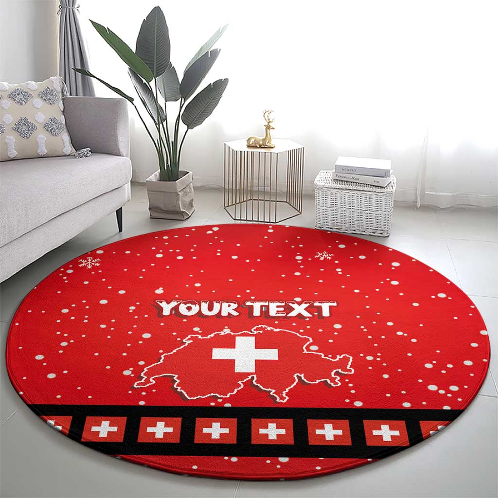 Red round Christmas rug featuring white snowflake dots, Swiss cross map, and black stripe border.