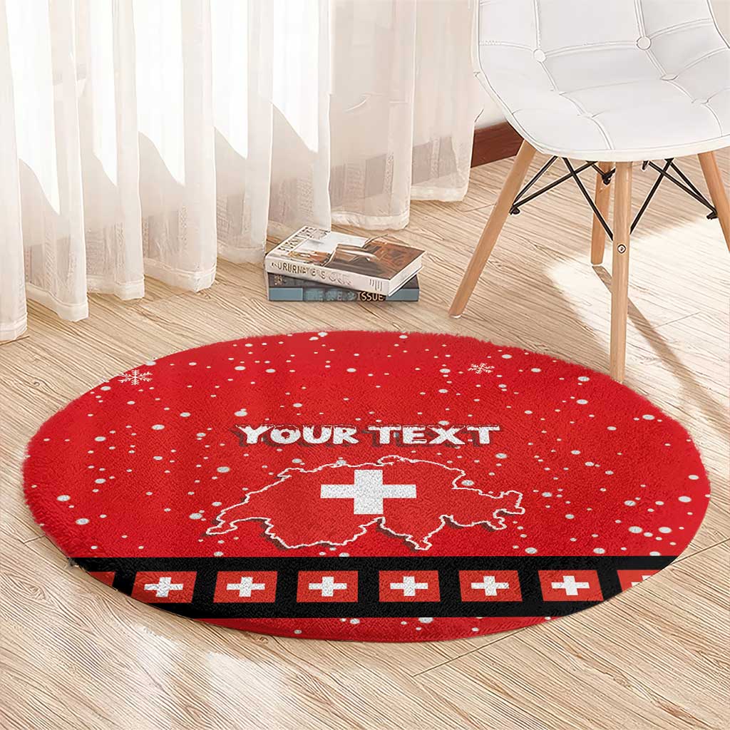 Red round Christmas rug with white snowflake dots, Swiss cross map, and black patterned border edge.