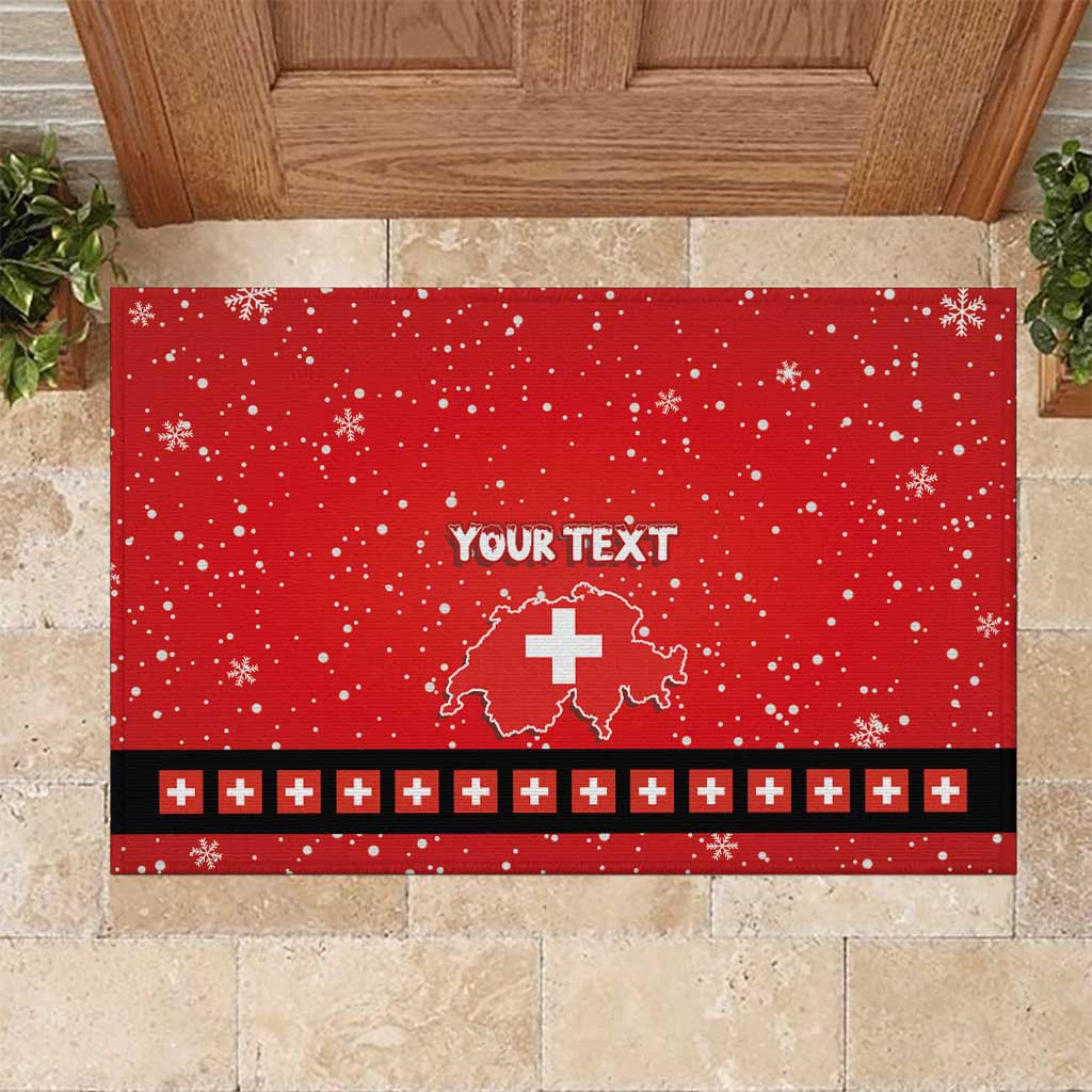 Red personalized rubber doormat with snowflakes, Swiss map and white cross motif, black border