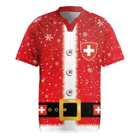 Red rugby jersey with white button placket, snowflakes, Swiss cross shield and belt