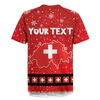 Red jersey back with 'YOUR TEXT' over Switzerland map, Swiss cross and snowflakes