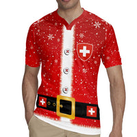 Red Santa-style rugby jersey with snowflakes, white buttons, Swiss cross shield and belt