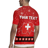 Red jersey back with 'YOUR TEXT', Switzerland outline, Swiss cross and striped hem