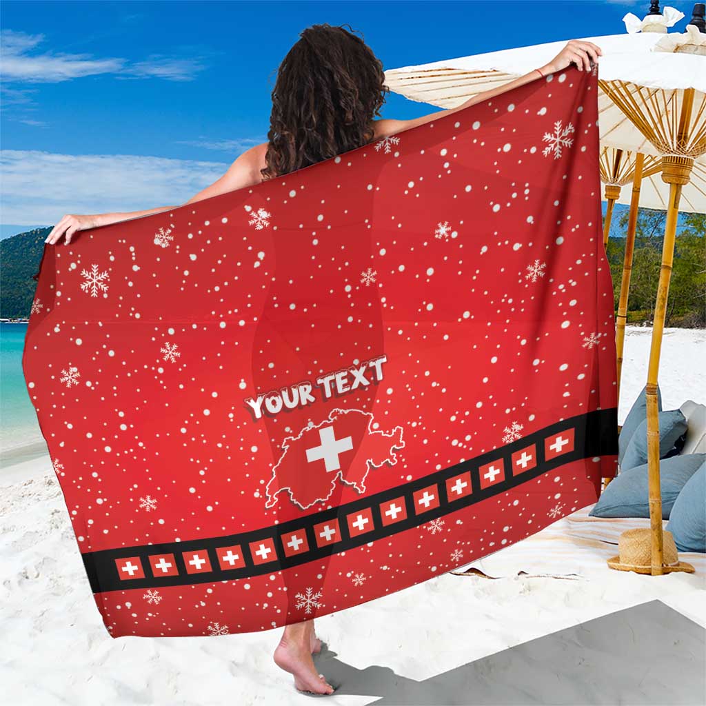 Red Swiss Christmas sarong with snowflake print, Swiss cross band, and “YOUR TEXT”