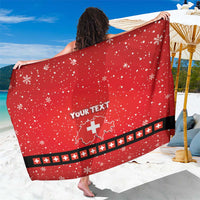 Red Swiss Christmas sarong with snowflake print, Swiss cross band, and “YOUR TEXT”