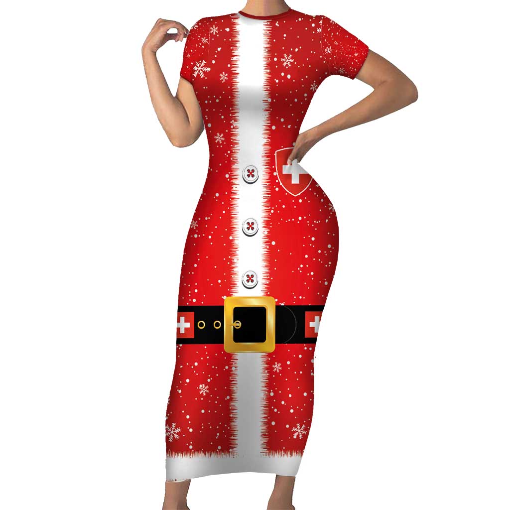 Personalized Swiss Christmas - Designed in Santa Suit Short Sleeve Bodycon Dress