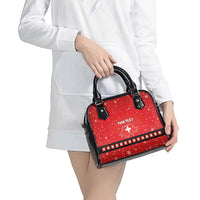Red holiday handbag with black top handles, front “YOUR TEXT” and Swiss cross design.