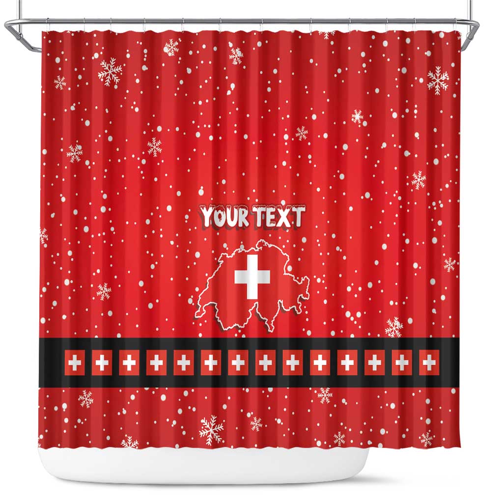 Red personalized shower curtain with snowflakes, "YOUR TEXT", Swiss map and cross