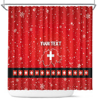 Red personalized shower curtain with snowflakes, "YOUR TEXT", Swiss map and cross
