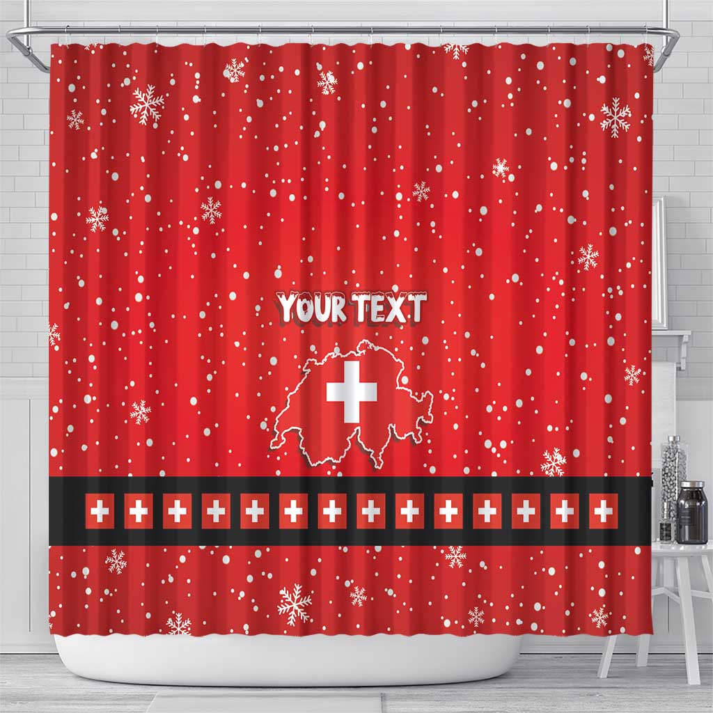 Red shower curtain featuring vertical snowflake dots, "YOUR TEXT", Swiss cross design