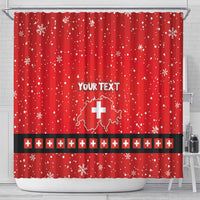 Red shower curtain featuring vertical snowflake dots, "YOUR TEXT", Swiss cross design