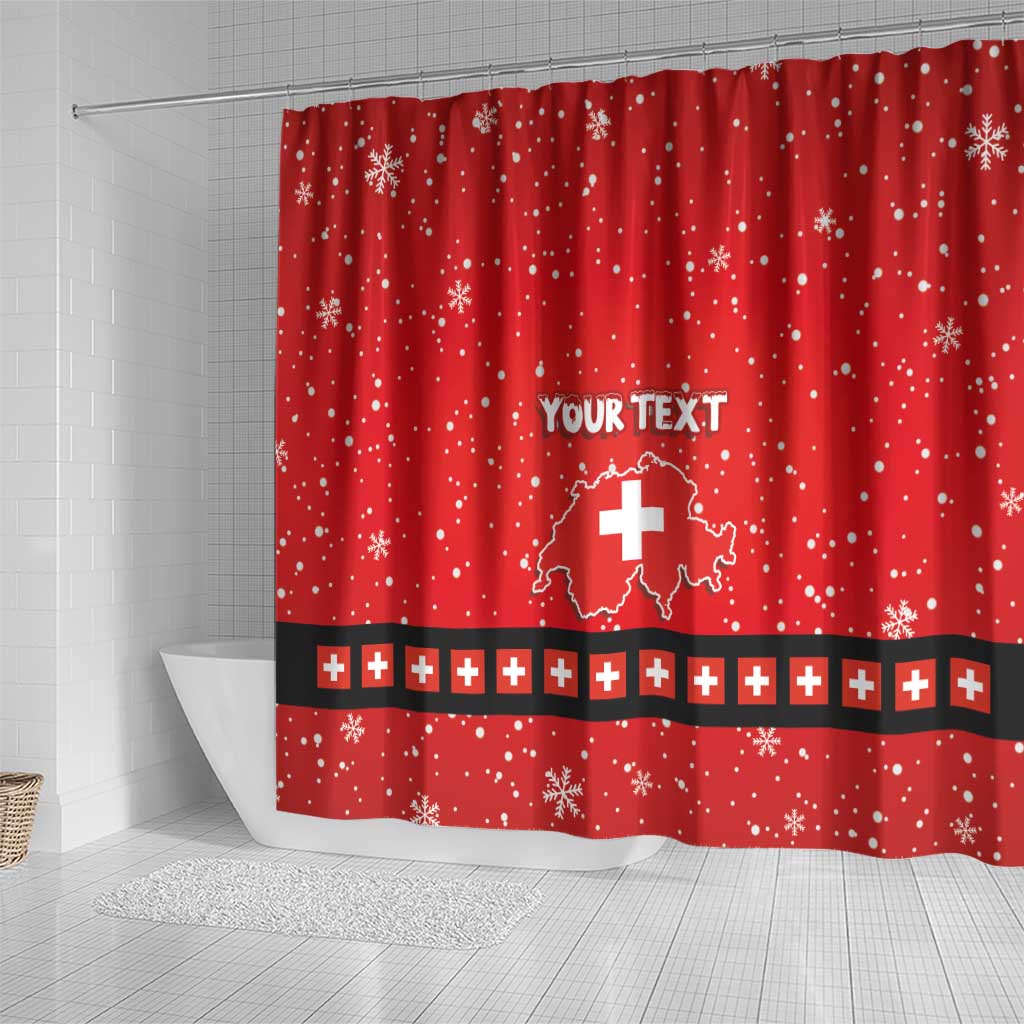 Red shower curtain with Swiss cross in outlined map, "YOUR TEXT", snowflake pattern
