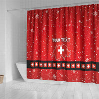 Red shower curtain with Swiss cross in outlined map, "YOUR TEXT", snowflake pattern
