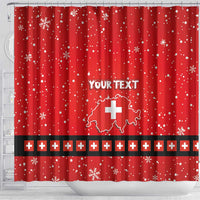 Red shower curtain with snowflakes and "YOUR TEXT" over Swiss cross map and stripe