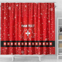 Red shower curtain with snowflake speckles, "YOUR TEXT" and Swiss cross map center