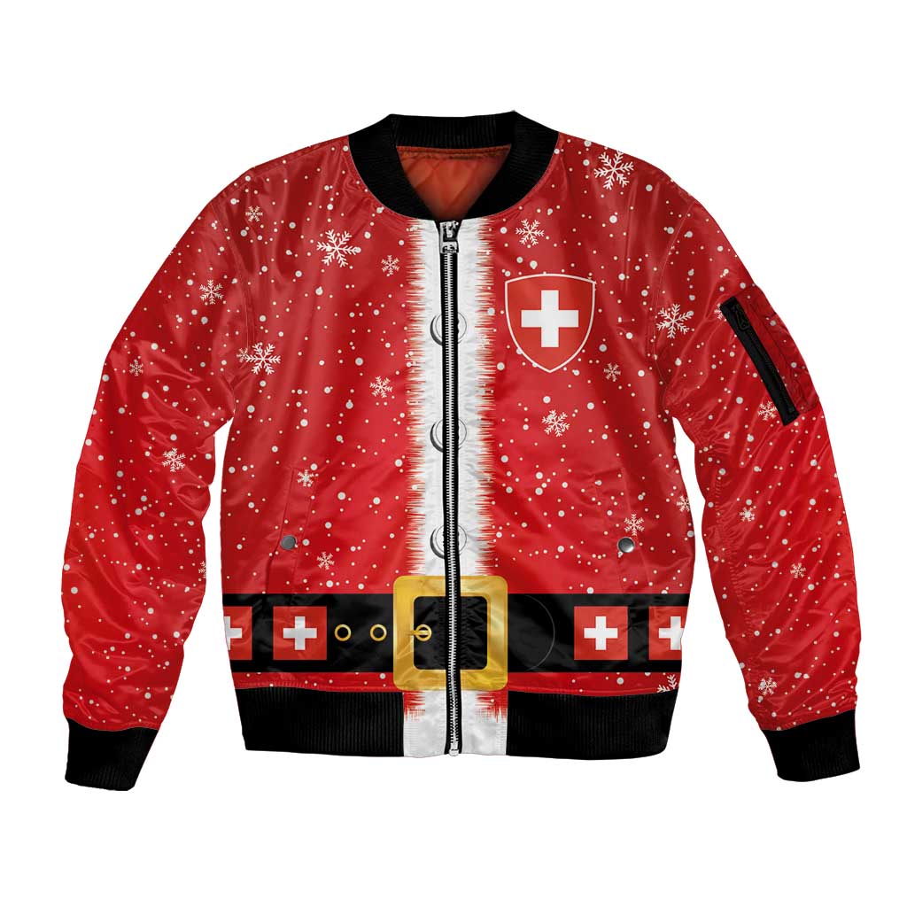 Red zip-up bomber jacket with snowflake pattern, Swiss cross accents, black ribbed cuffs