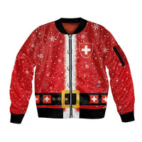 Red zip-up bomber jacket with snowflake pattern, Swiss cross accents, black ribbed cuffs