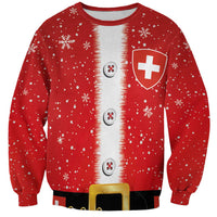 Red Christmas sweatshirt with snowflakes, Swiss cross shield and belt graphic