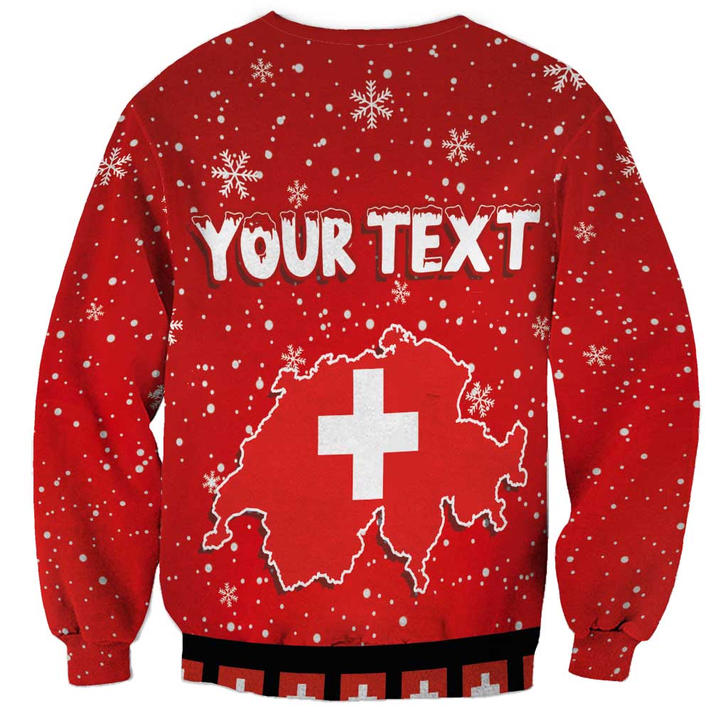Red Christmas sweatshirt back with snowflakes, Switzerland map and centered cross