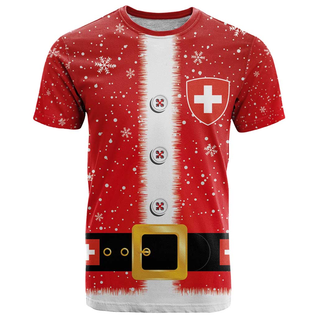 Red Swiss Christmas T-shirt with snowflake print and Swiss cross shield detail