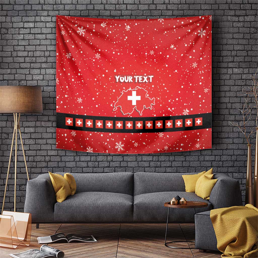 Red Christmas tapestry wall hanging with snowflakes, 'YOUR TEXT' and Swiss cross motif