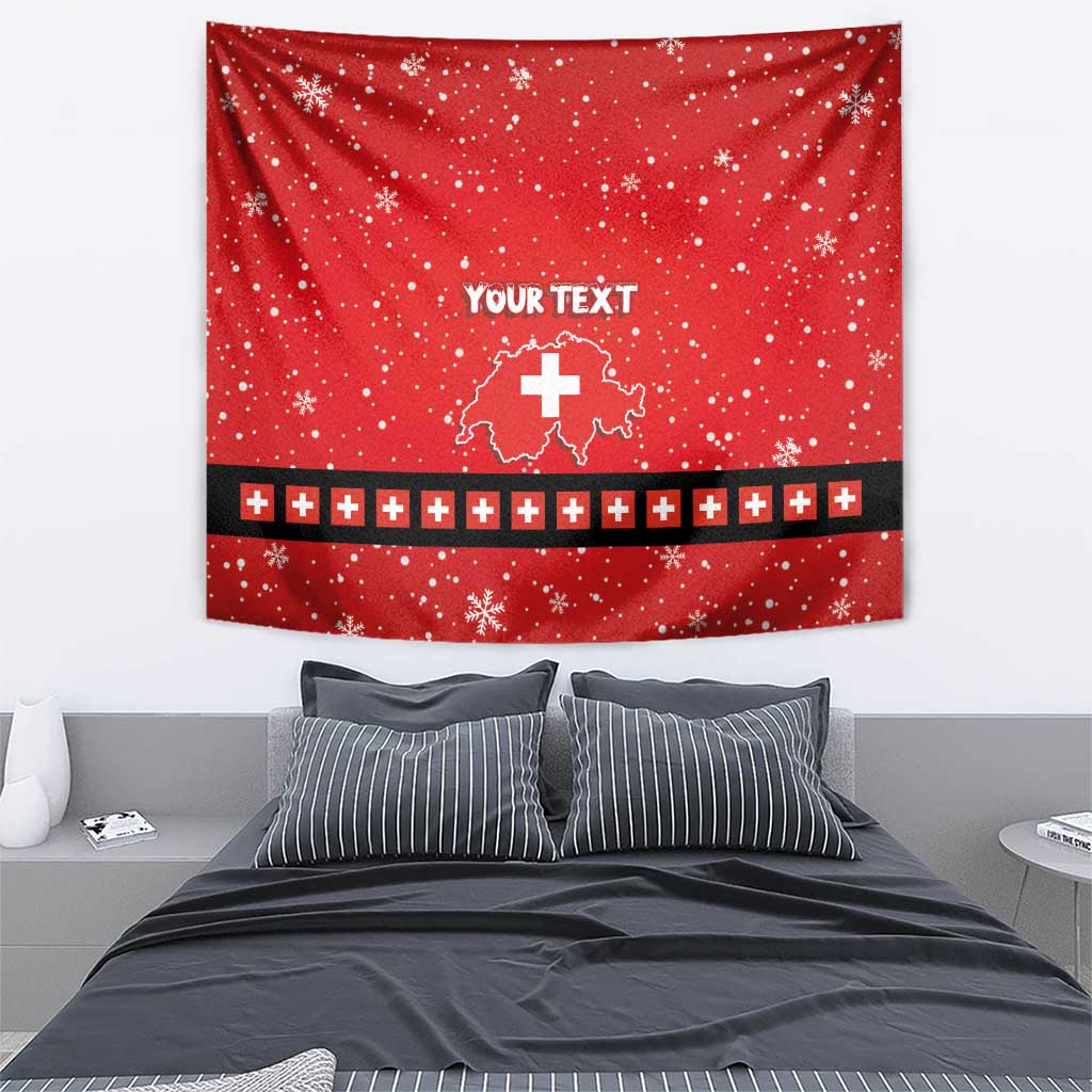 Red Christmas tapestry wall hanging with snowflakes, 'YOUR TEXT' and Swiss cross emblem