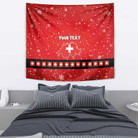 Red Christmas tapestry wall hanging with snowflakes, 'YOUR TEXT' and Swiss cross emblem