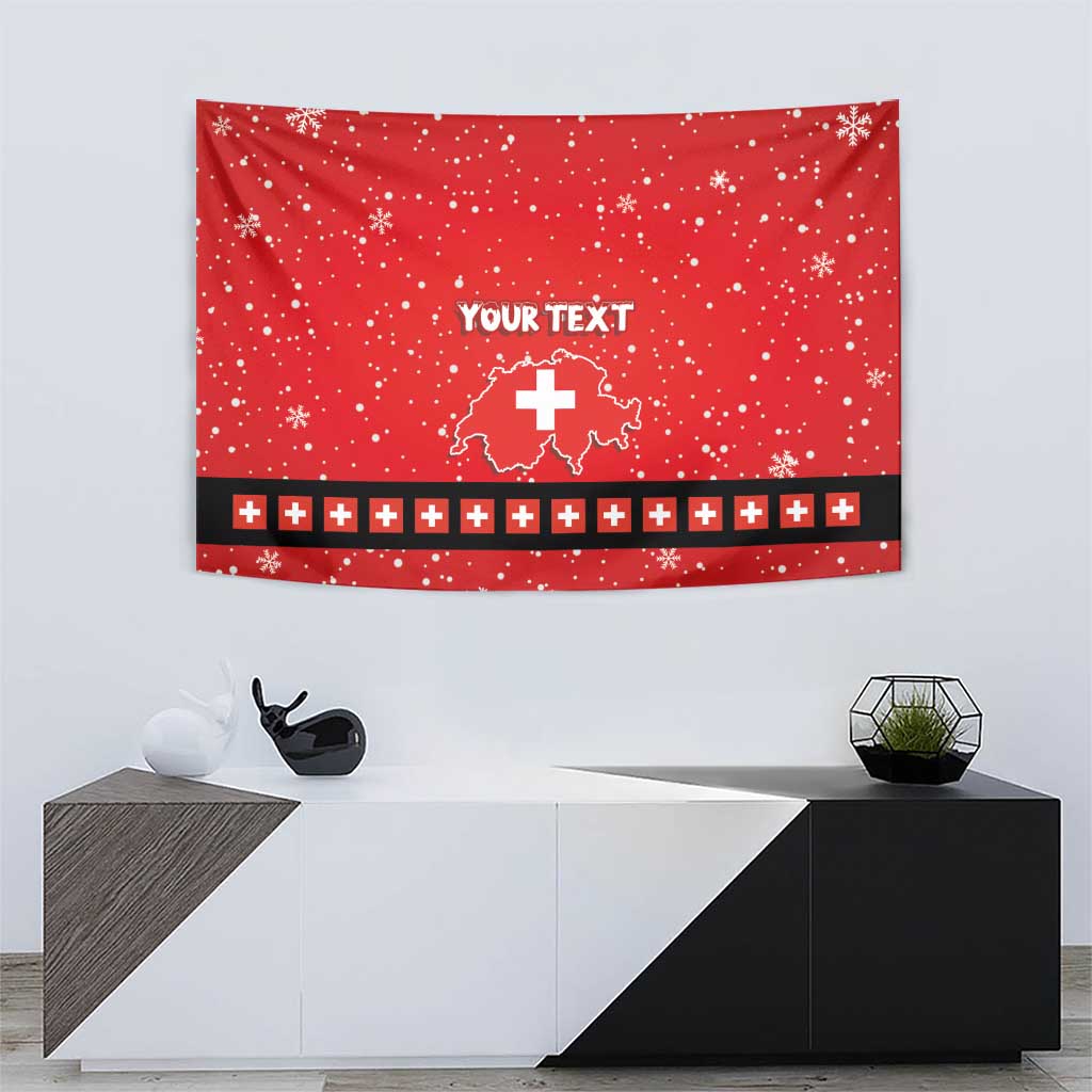 Red Christmas tapestry wall hanging featuring snowflakes, 'YOUR TEXT' and Swiss cross symbol
