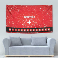 Red Christmas tapestry wall hanging with 'YOUR TEXT' over Swiss map cross and striped band